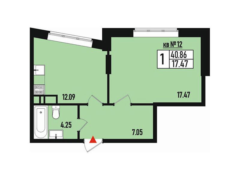 Планировка: 1-комн. квартира 40.00 м² в новостройке Борисоглебское