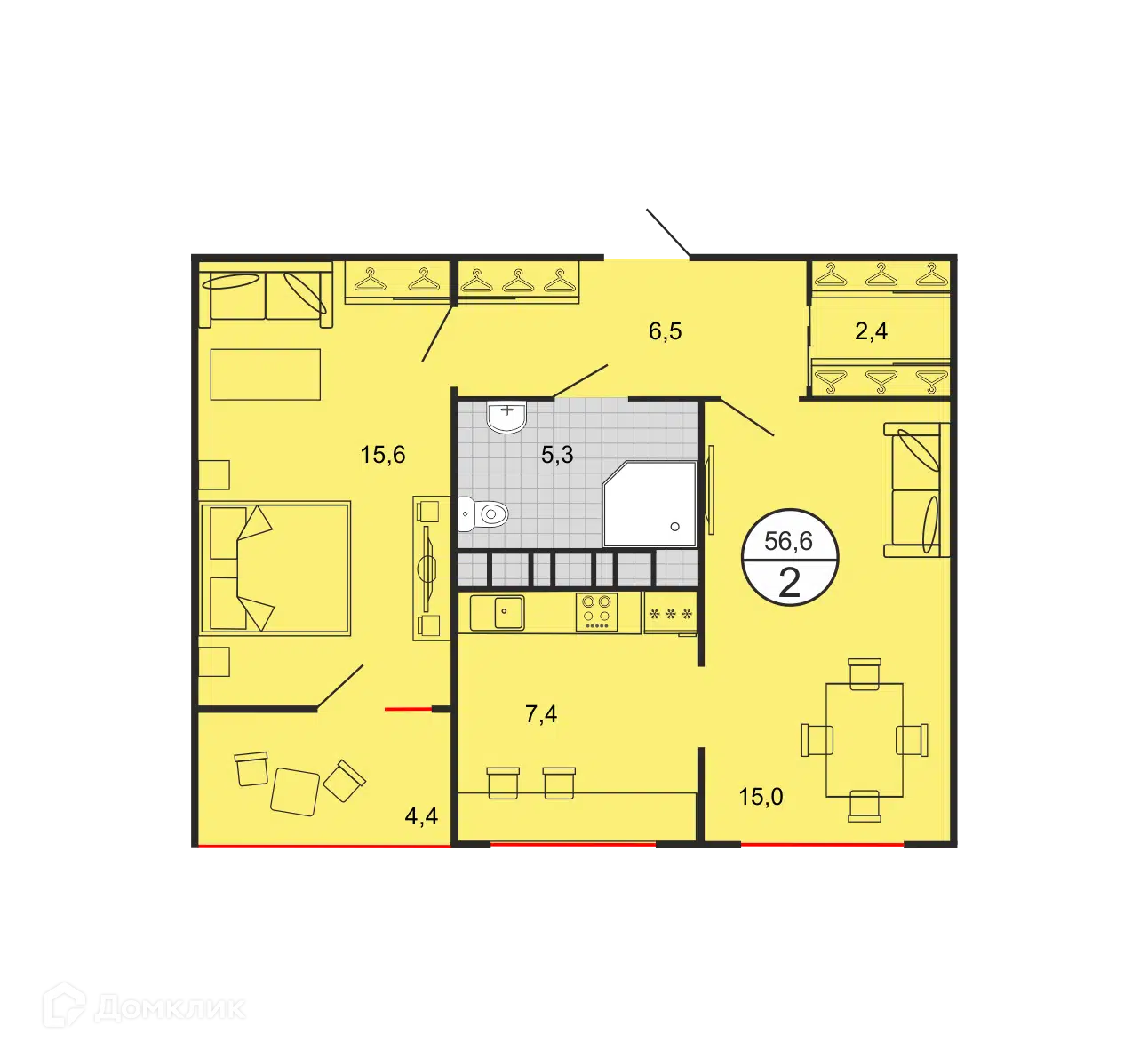 Планировка: 2-комн. квартира 56.97 м² в новостройке Квартал 204