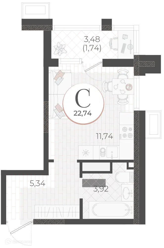 Планировка: Студия 22.74 м² в новостройке Моренуар