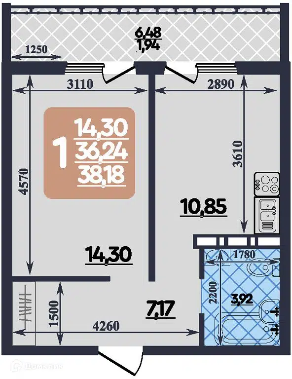 Планировка: 1-комн. квартира 38.18 м² в новостройке Ленинградский квартал
