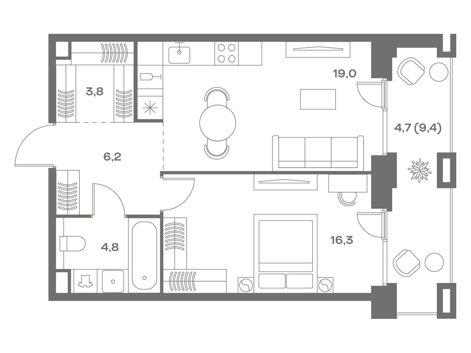 Планировка: 1-комн. квартира 54.80 м² в новостройке Соул