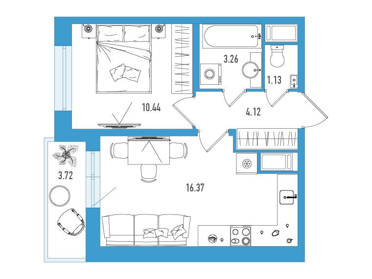 Планировка: 1-комн. квартира 37.18 м² в новостройке Искра Сити
