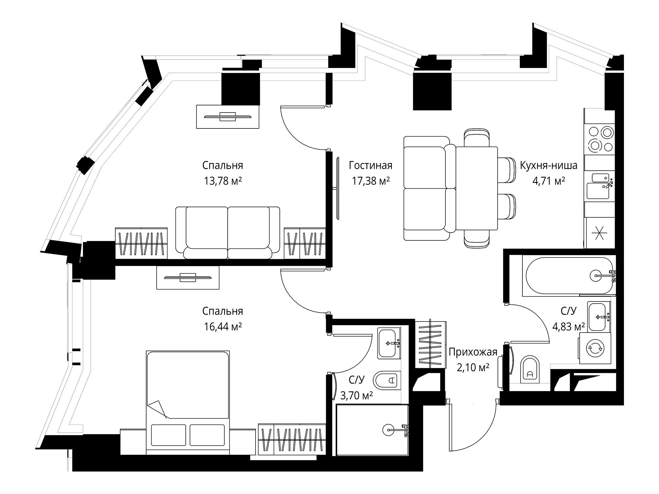 Планировка: 2-комн. квартира 66.00 м² в новостройке ЖК Феймос