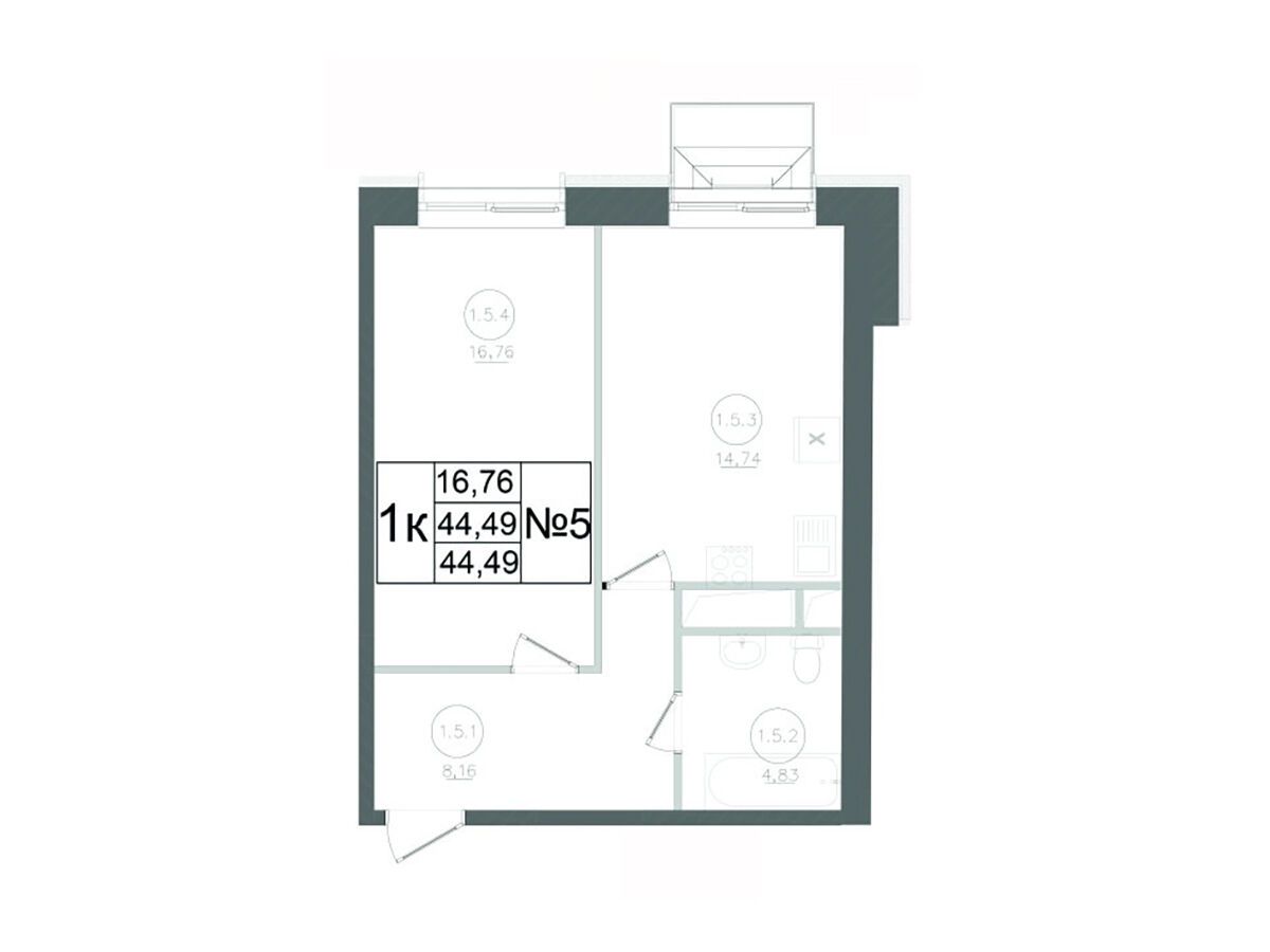 Планировка: 1-комн. квартира 44.49 м² в новостройке Авиатор-2