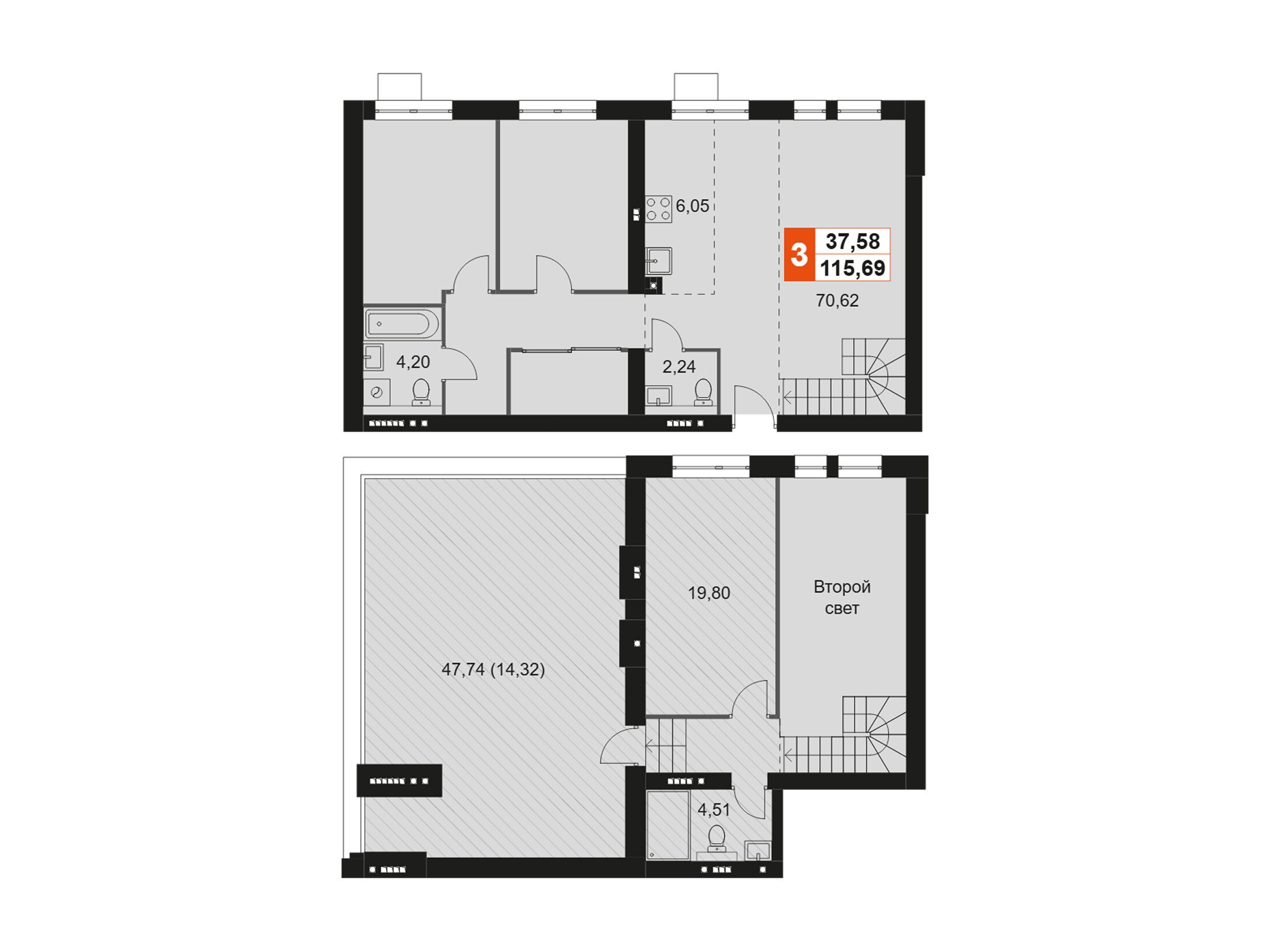 Планировка: 3-комн. квартира 115.69 м² в новостройке Мартемьяново Клаб