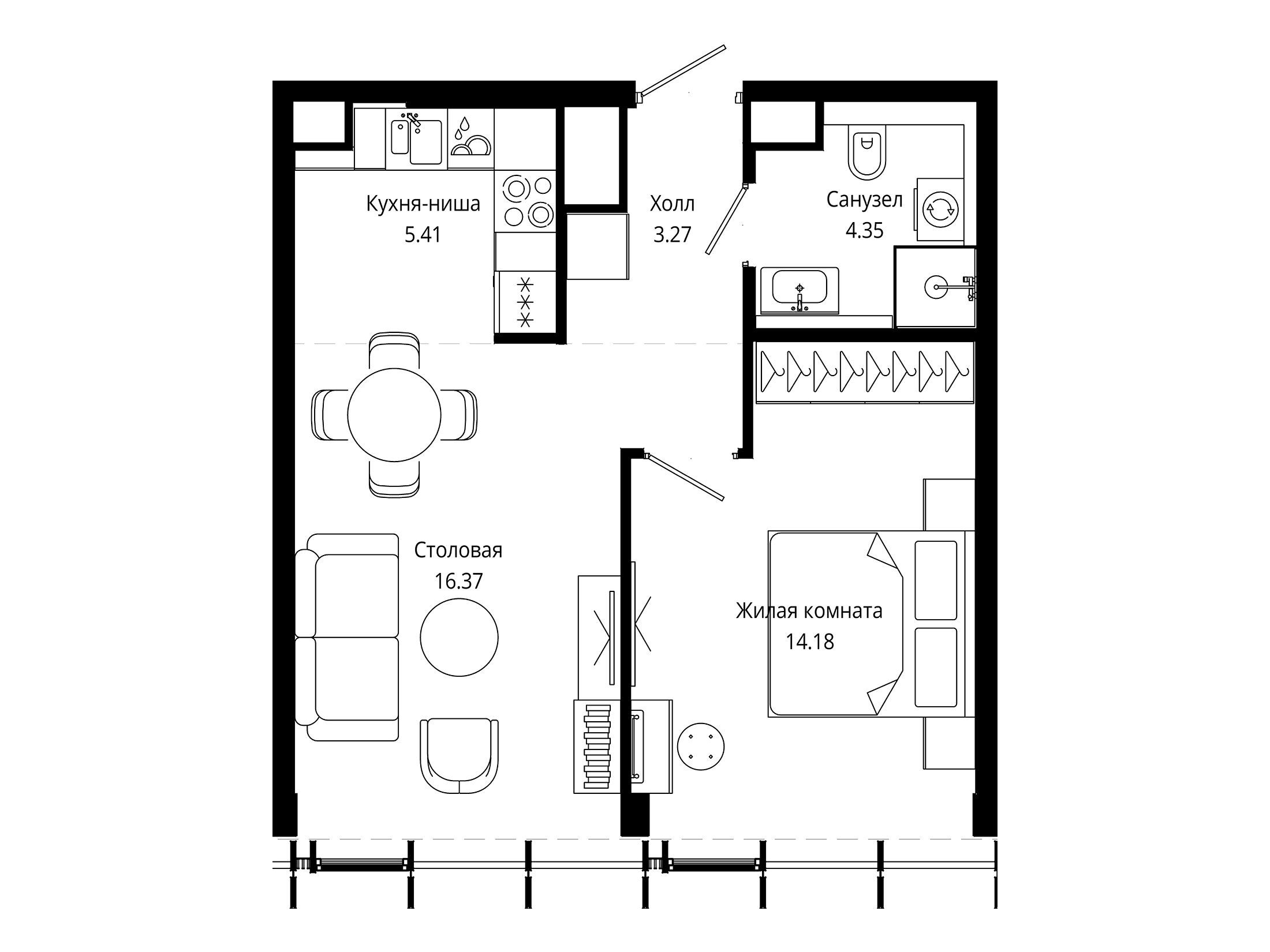 Планировка: 1-комн. квартира 44.00 м² в новостройке Мод