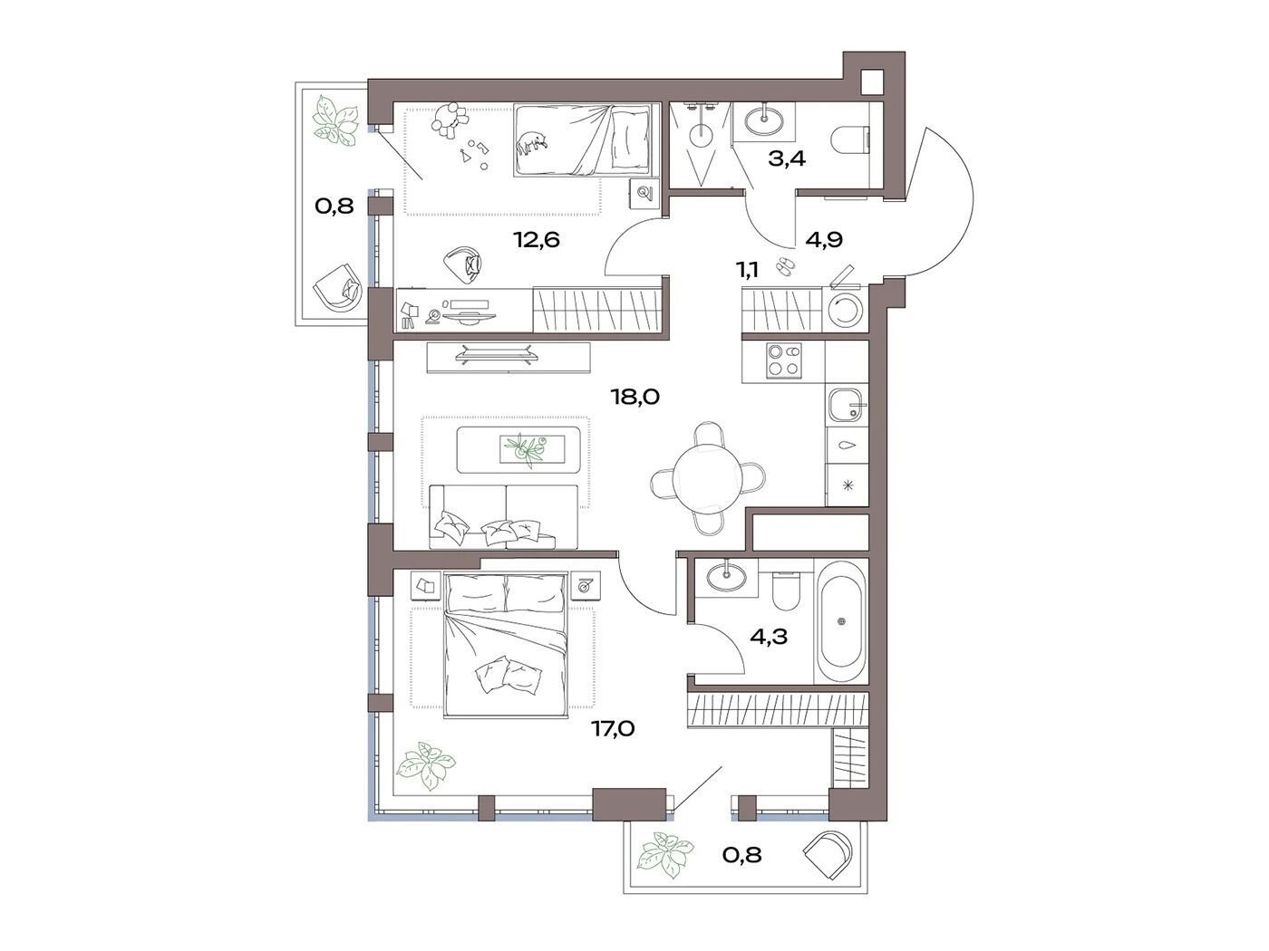 Планировка: 2-комн. квартира 62.90 м² в новостройке Акценты