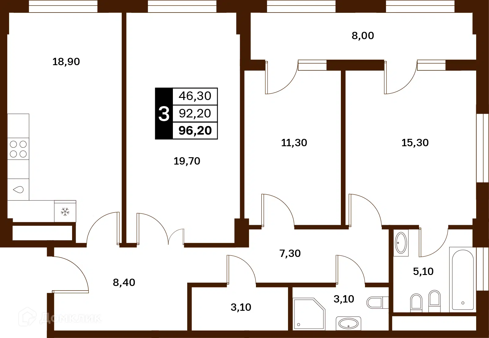 Планировка: 3-комн. квартира 96.20 м² в новостройке Аксис Патриот
