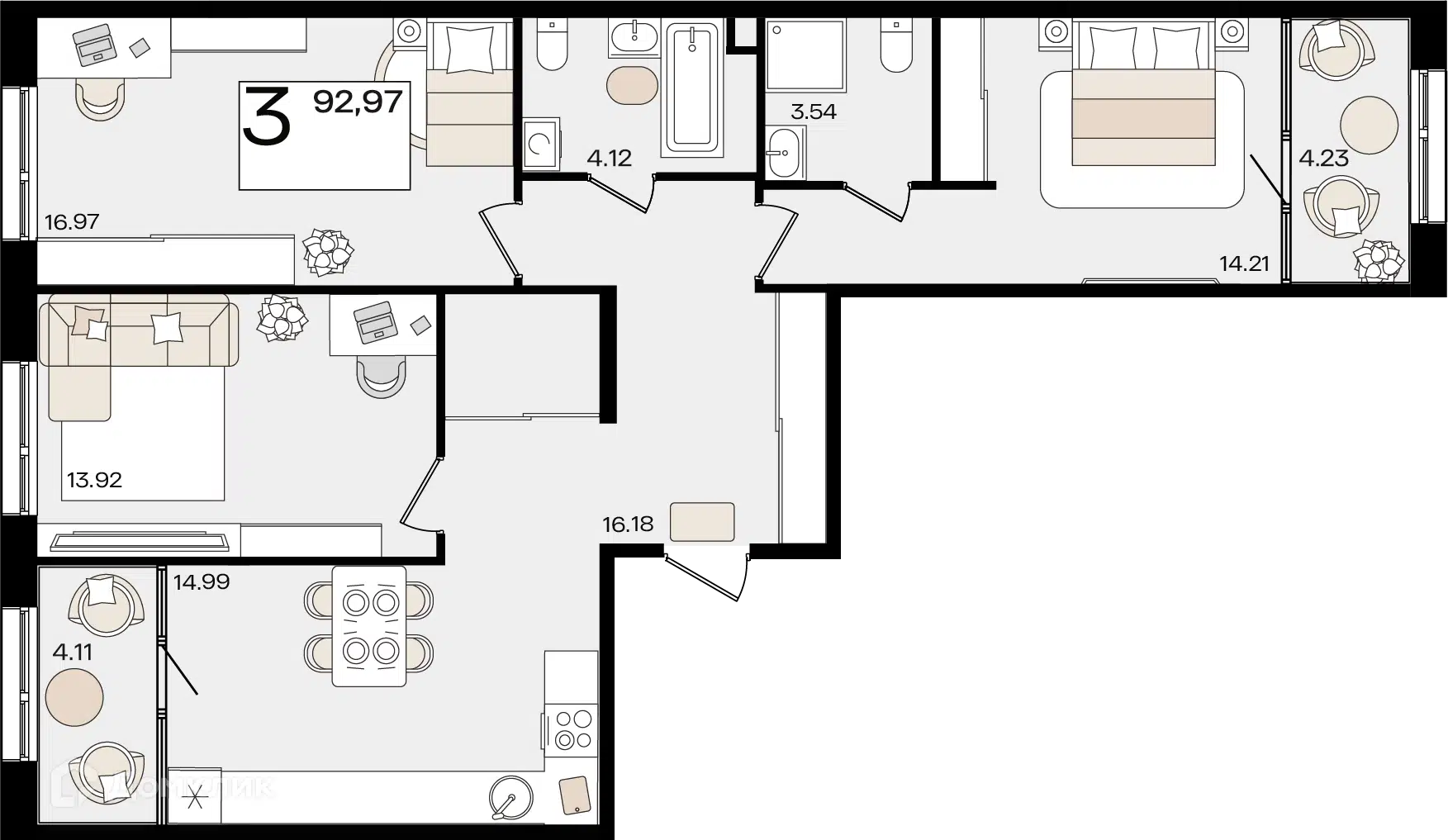 Планировка: 3-комн. квартира 92.27 м² в новостройке Патрики