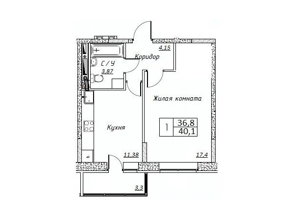 Планировка: 1-комн. квартира 40.10 м² в новостройке Шоколад