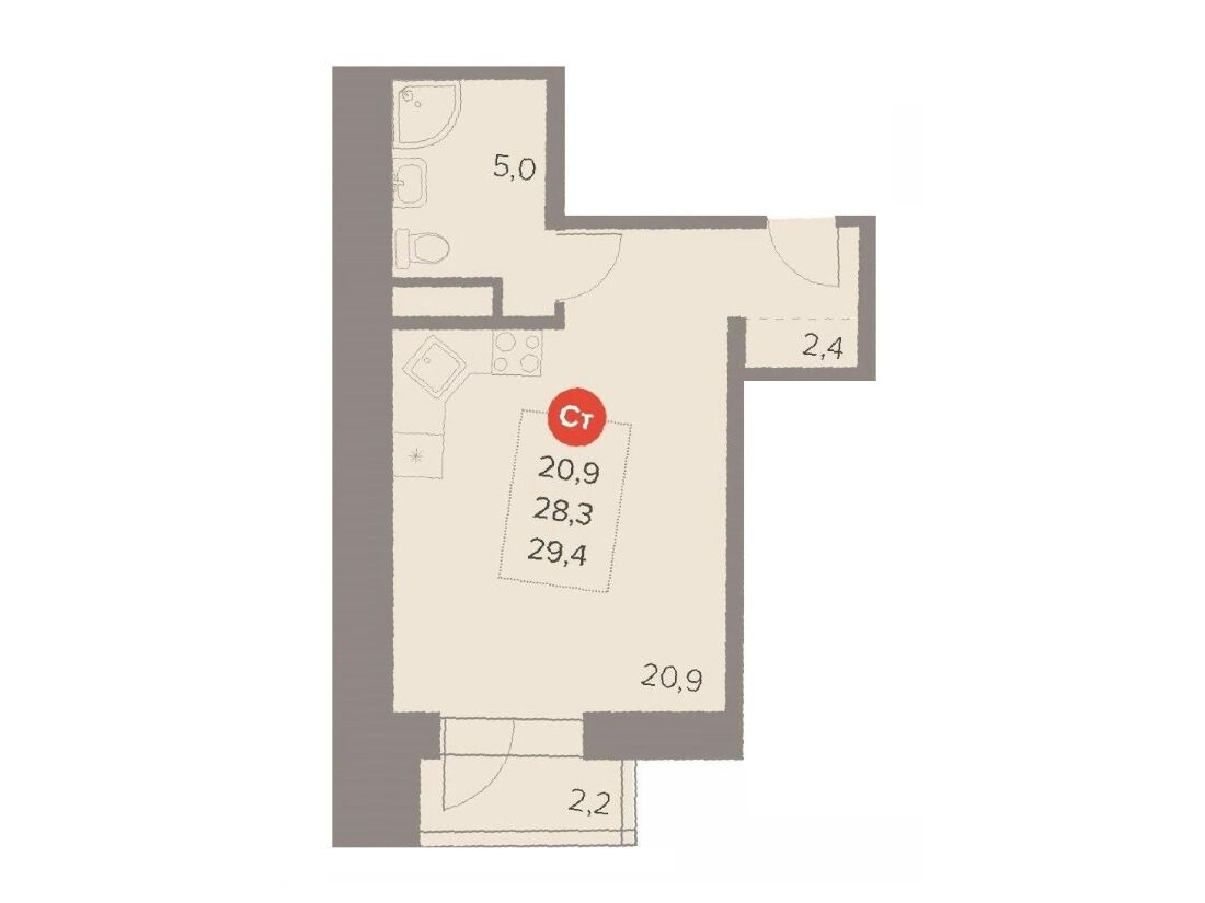 Планировка: Студия 29.40 м² в новостройке Отлично