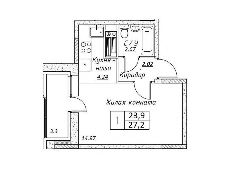 Планировка: 1-комн. квартира 27.20 м² в новостройке Шоколад