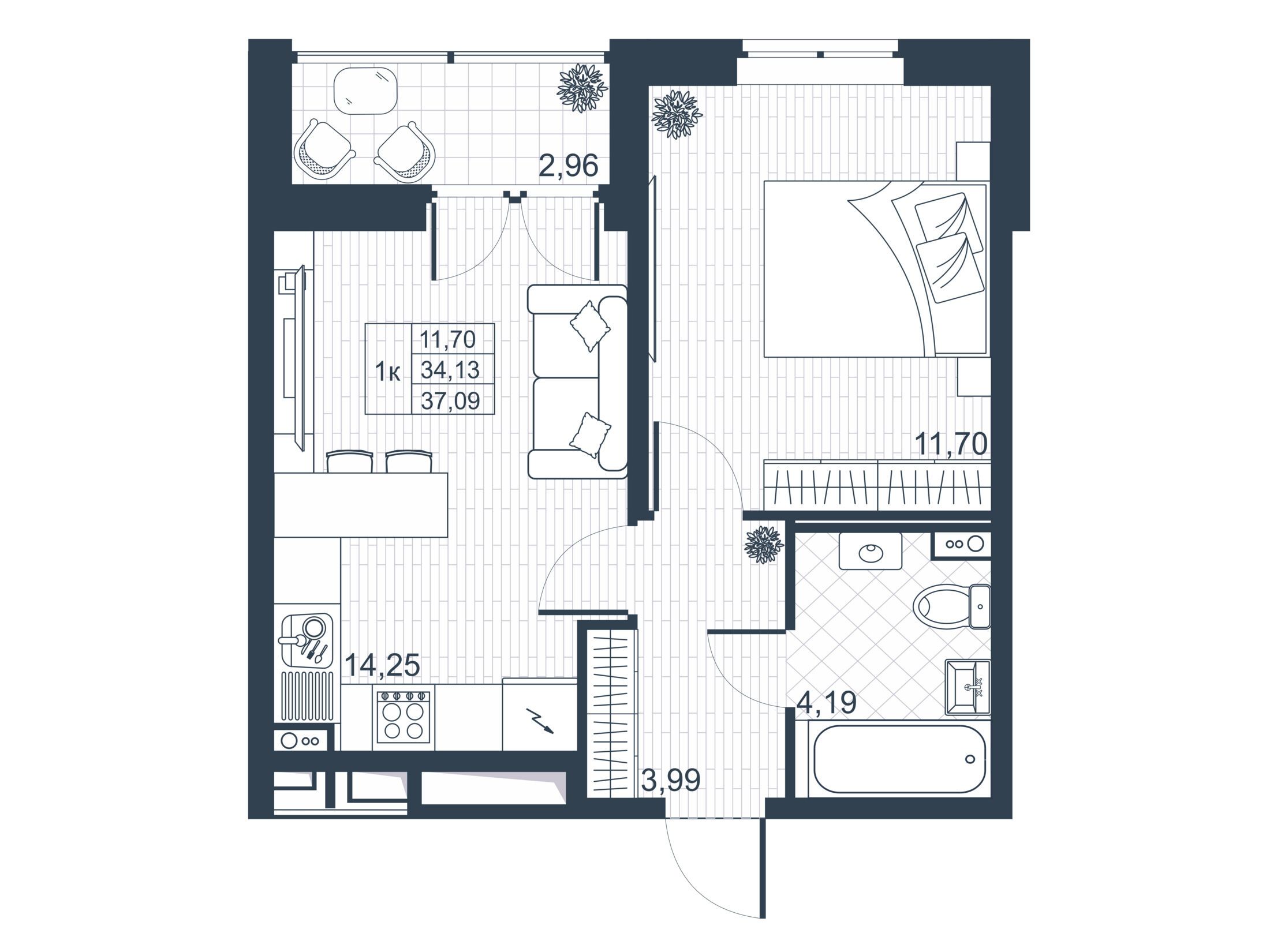 Планировка: 1-комн. квартира 33.90 м² в новостройке Ново-Антропшино
