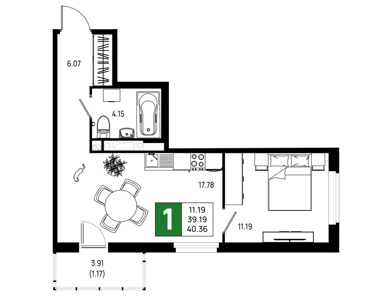 Планировка: 1-комн. квартира 40.36 м² в новостройке ЖК Имена
