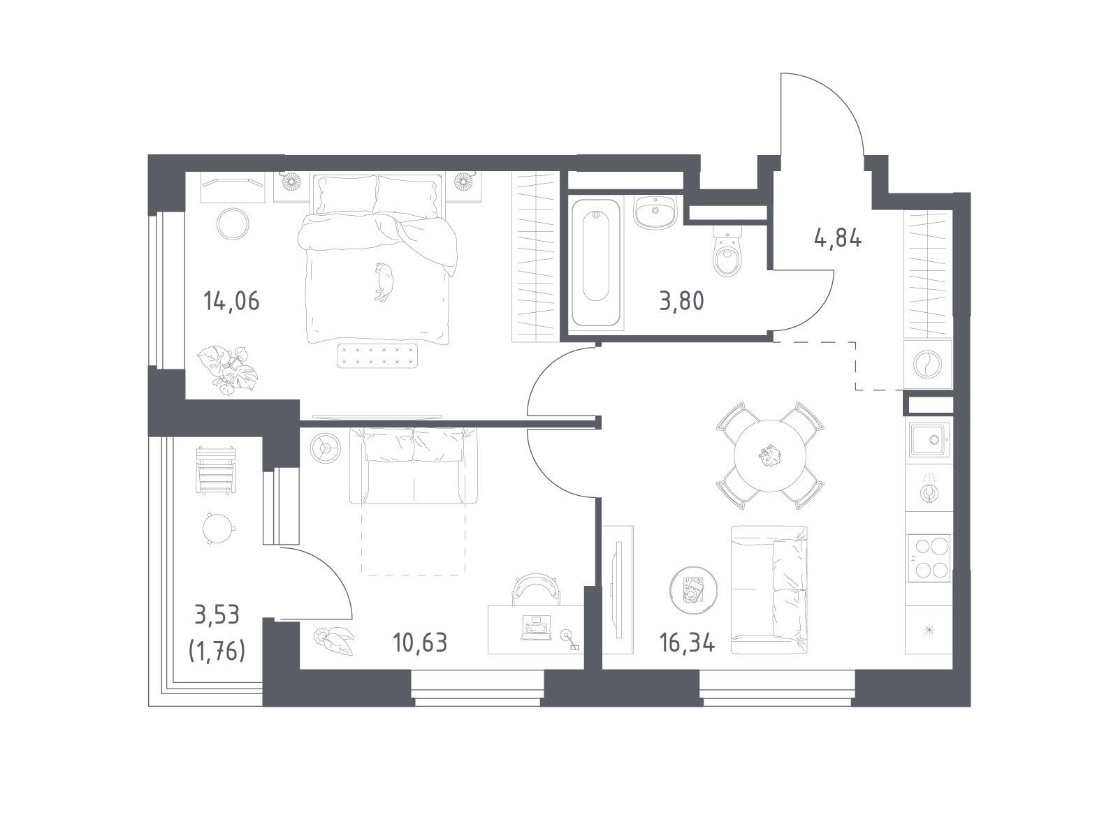 Планировка: 2-комн. квартира 51.43 м² в новостройке Большое Юрлово