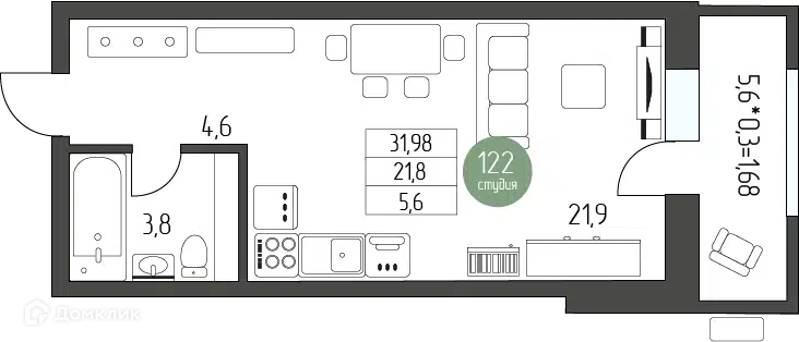 Планировка: Студия 31.98 м² в новостройке Лермонтов
