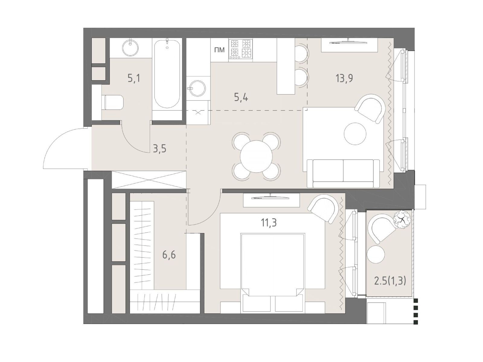 Планировка: 2-комн. квартира 47.10 м² в новостройке Родина Парк
