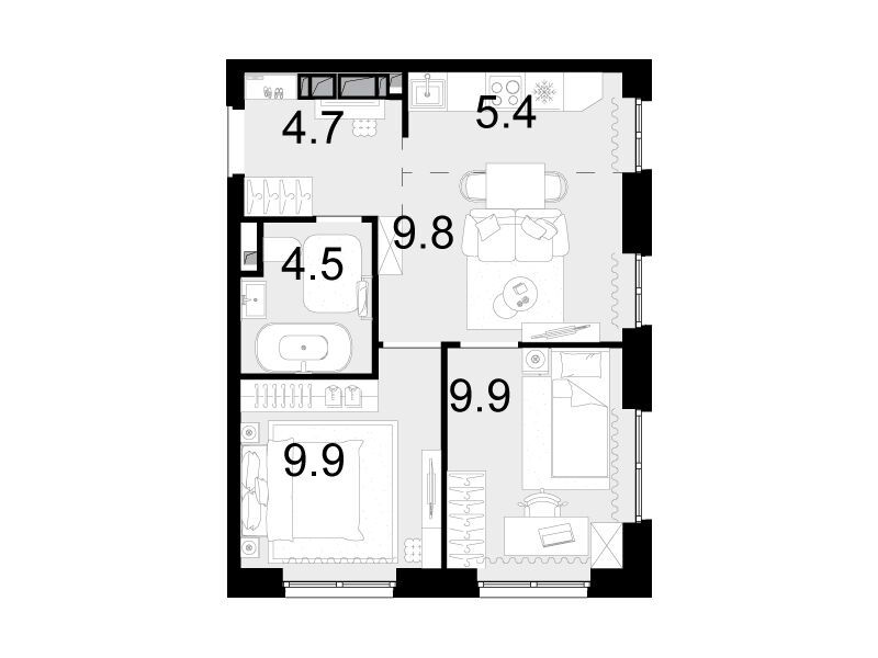Планировка: 3-комн. квартира 44.20 м² в новостройке Новая Звезда II