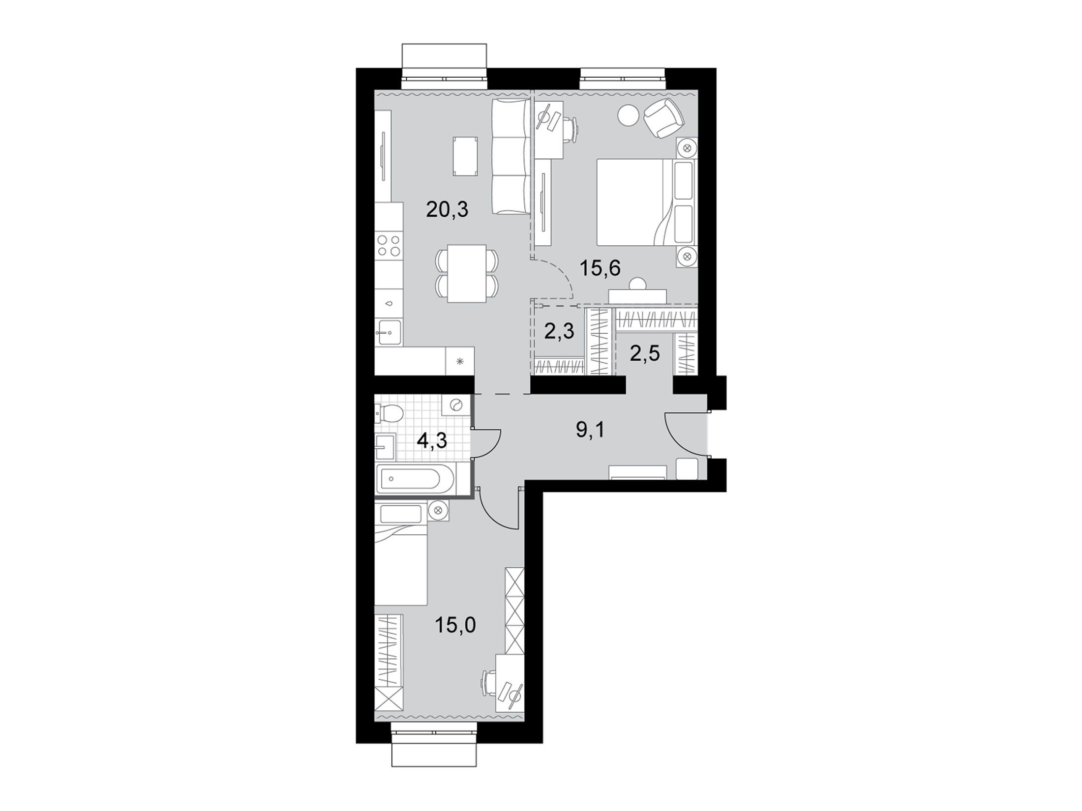 Планировка: 3-комн. квартира 69.10 м² в новостройке ЖК Дубровицы клаб
