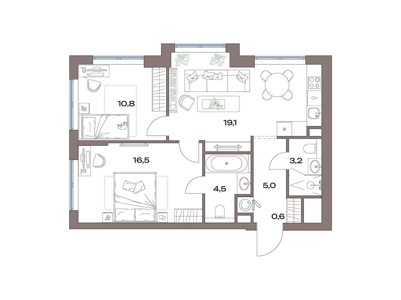 Планировка: 2-комн. квартира 60.90 м² в новостройке Акценты