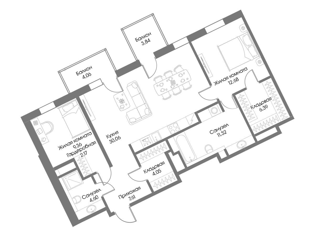 Планировка: 2-комн. квартира 90.61 м² в новостройке Резиденция Рощино
