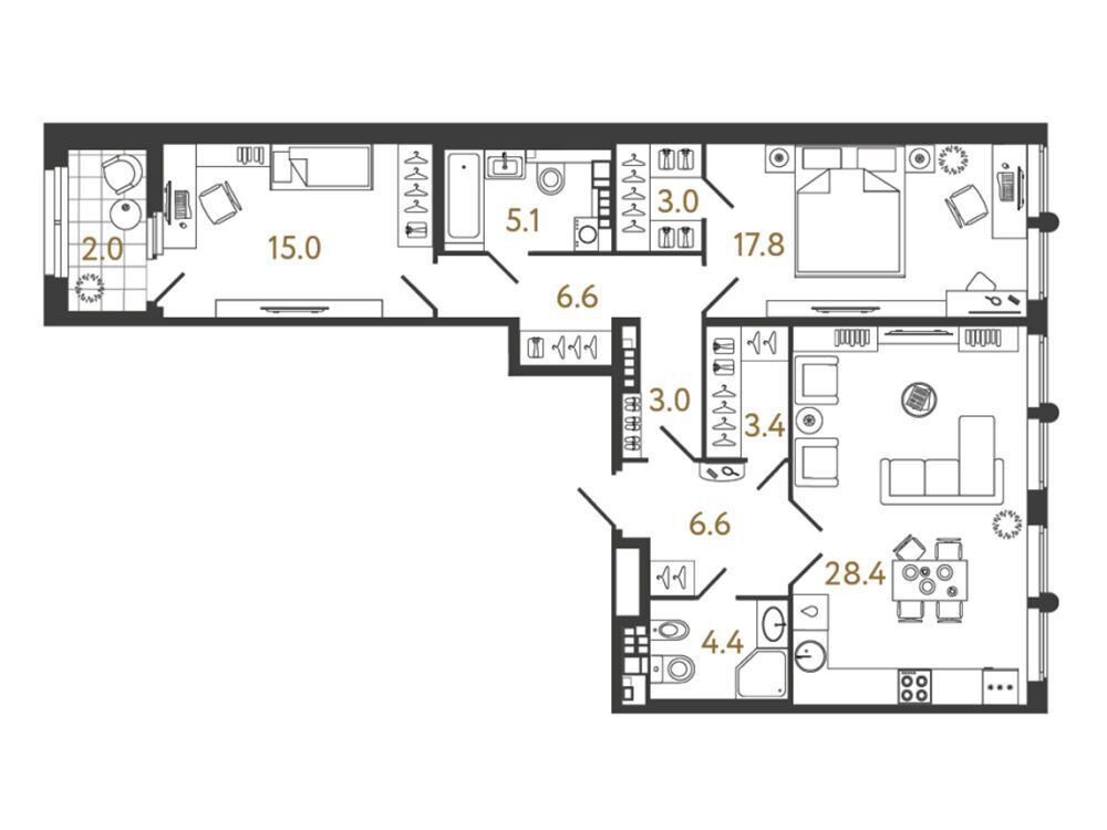 Планировка: 2-комн. квартира 93.10 м² в новостройке Миръ