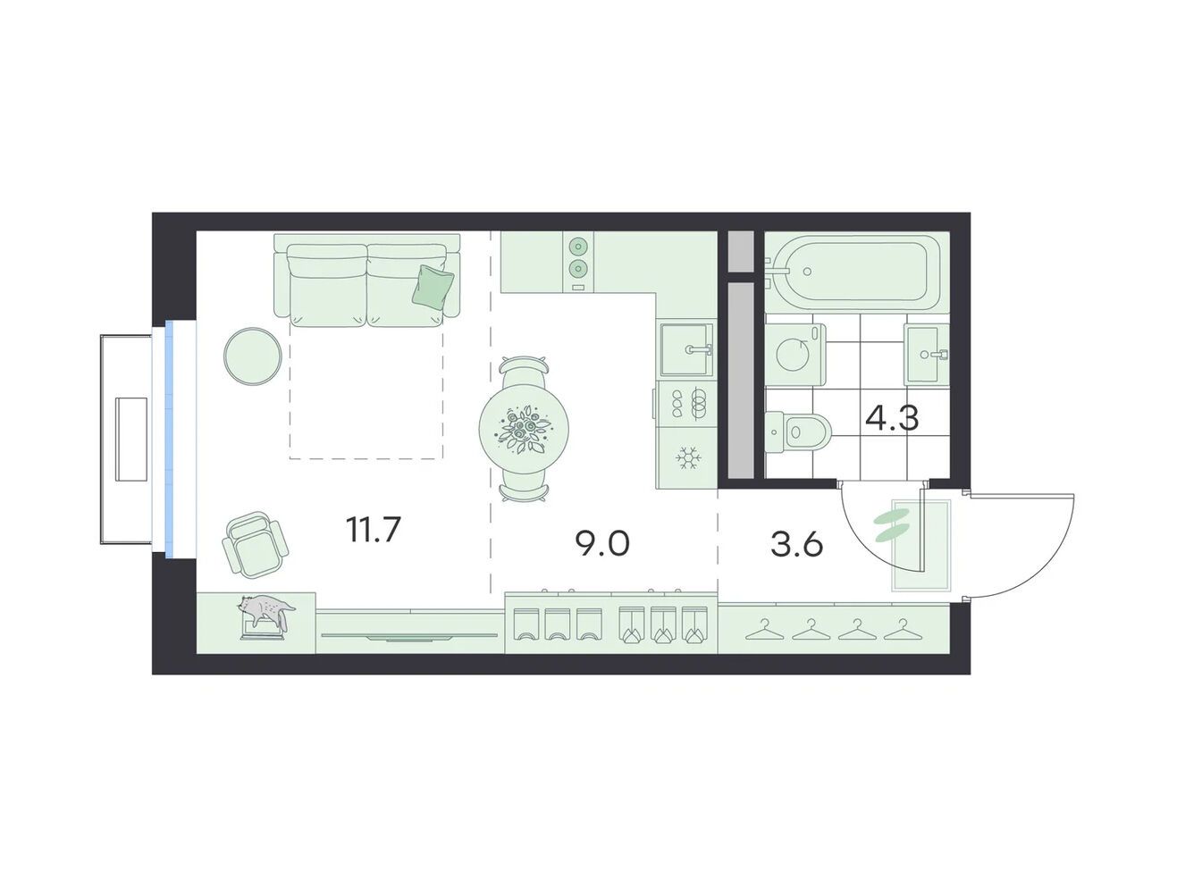Планировка: Студия 28.60 м² в новостройке Джи Три Михалевич