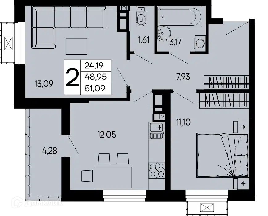Планировка: 2-комн. квартира 51.09 м² в новостройке ЖК Эпос