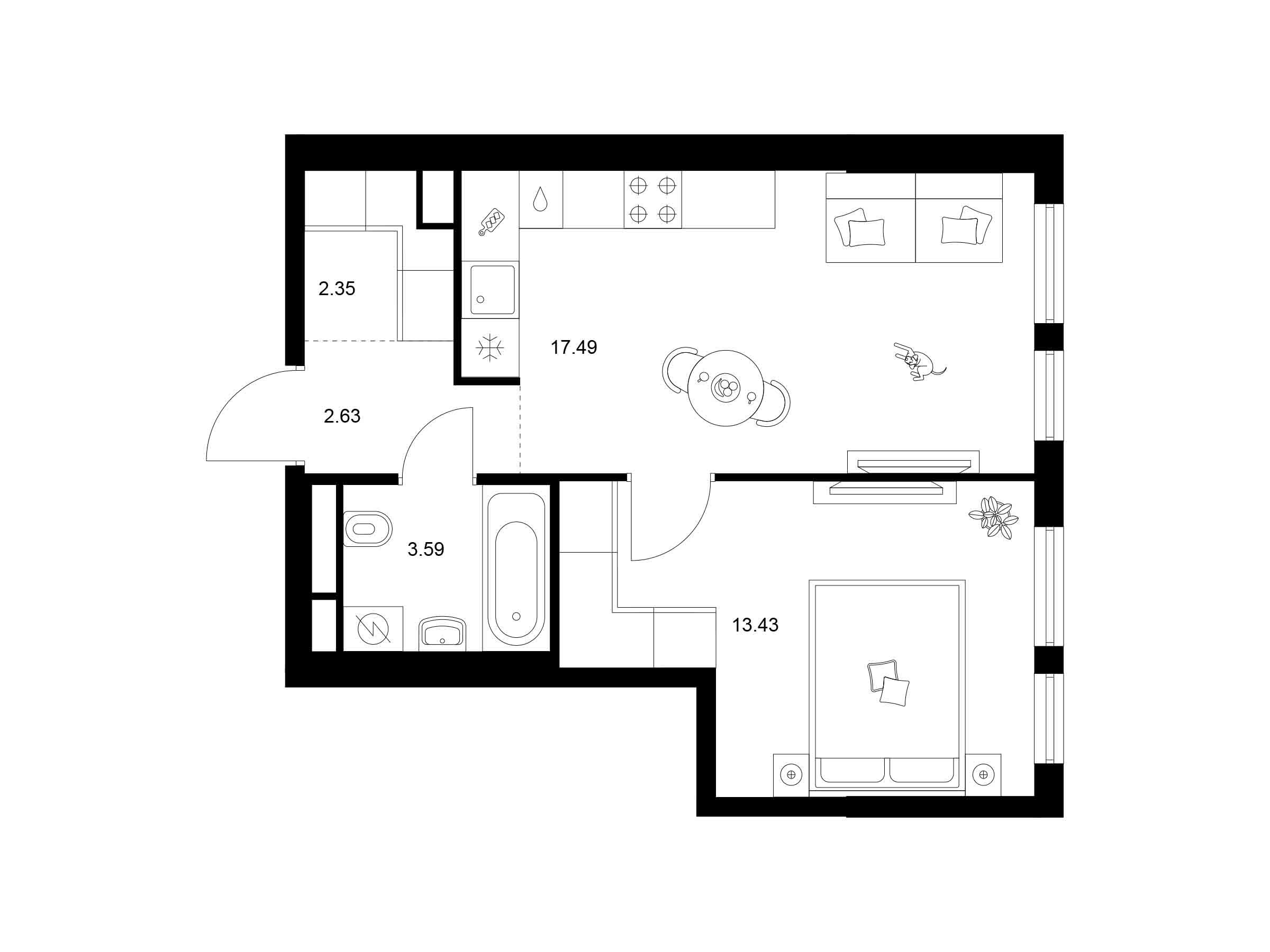 Планировка: 1-комн. квартира 39.49 м² в новостройке Квартал Мит