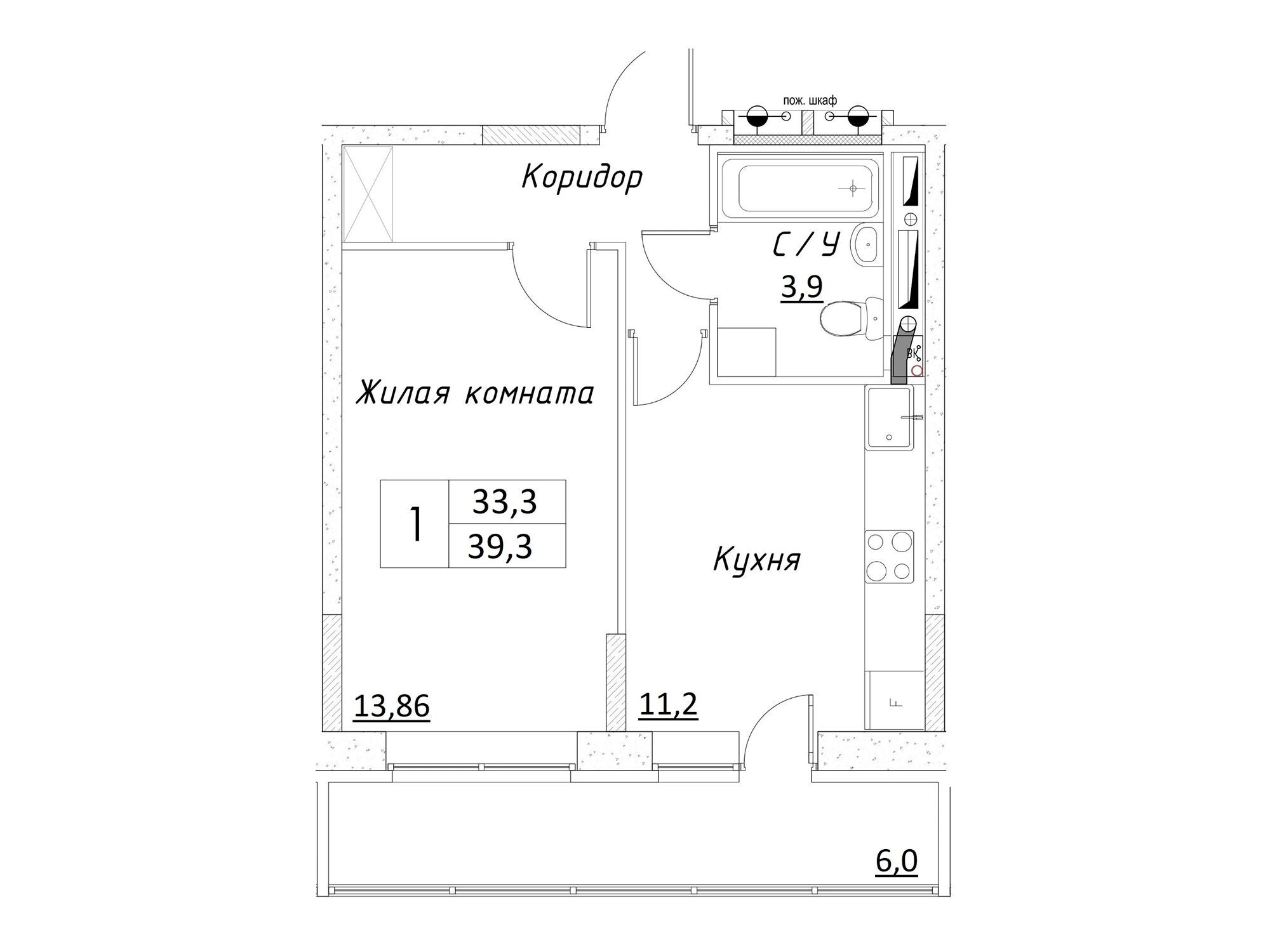 Планировка: 1-комн. квартира 39.30 м² в новостройке Шоколад