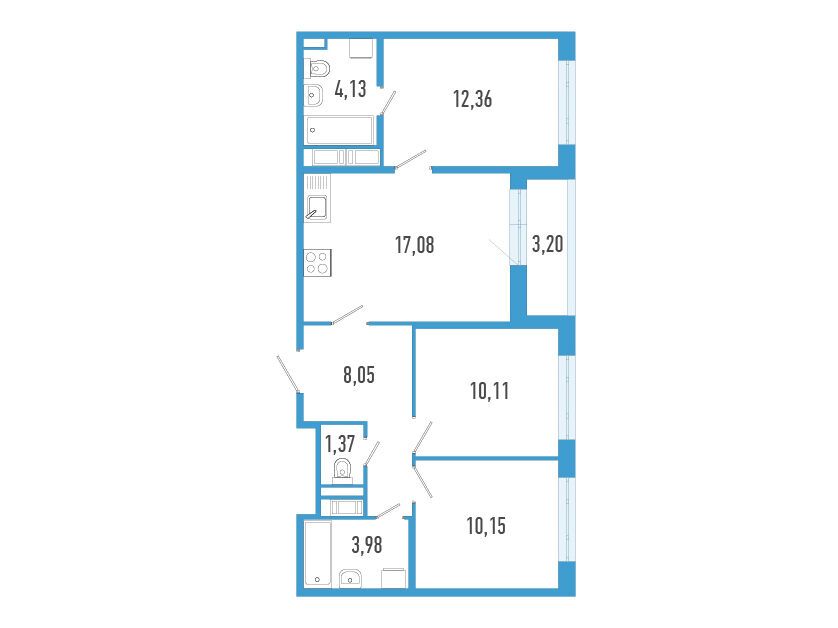 Планировка: 3-комн. квартира 68.83 м² в новостройке Аэросити