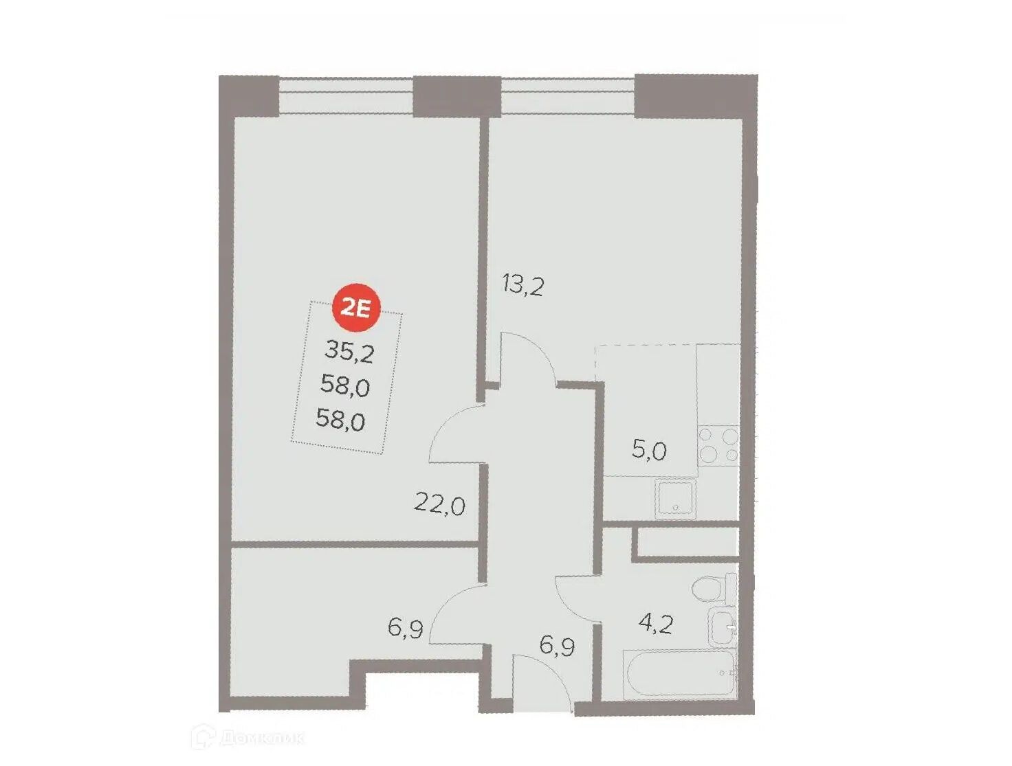 Планировка: 2-комн. квартира 58.30 м² в новостройке Отлично