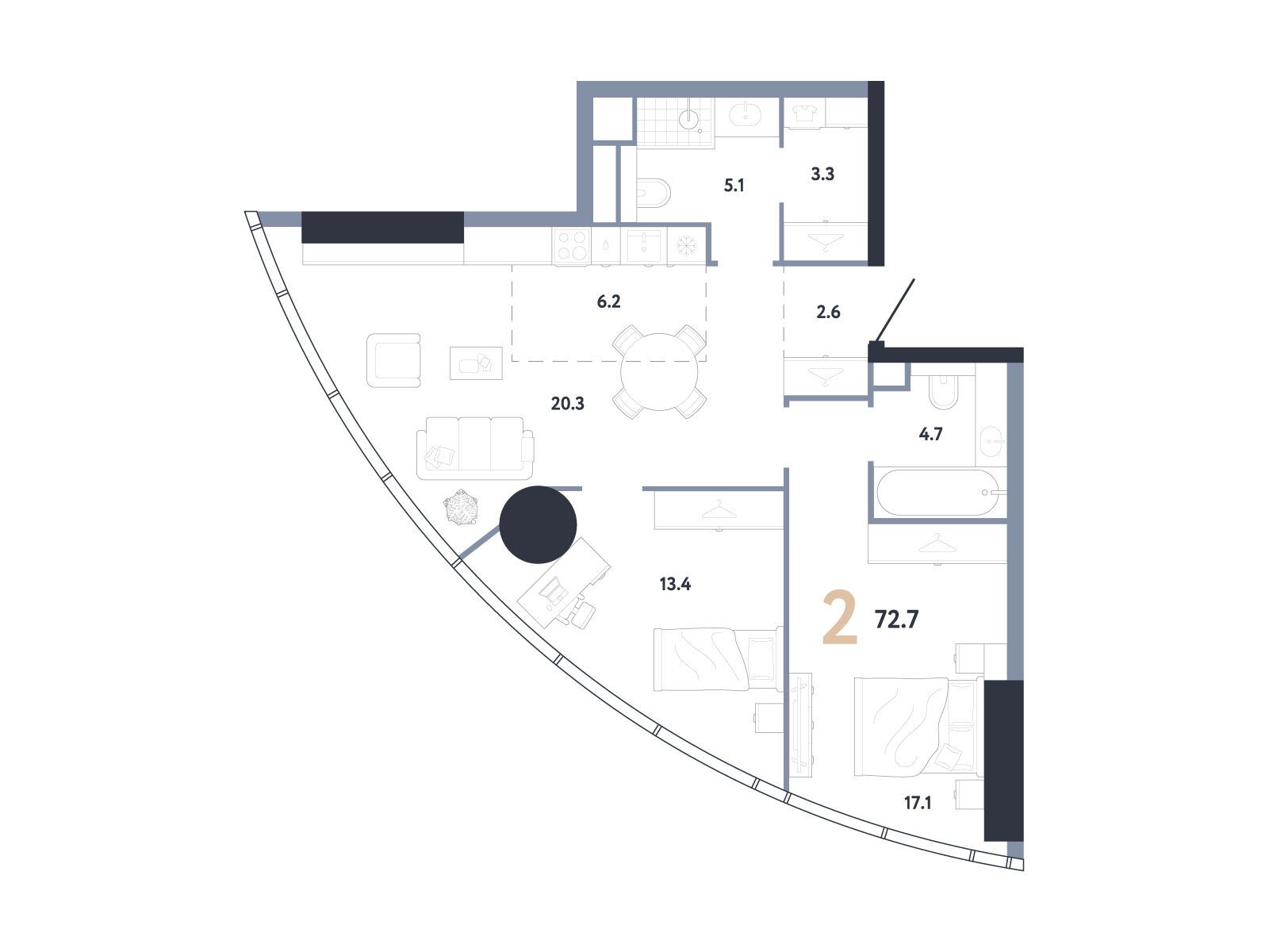 Планировка: 2-комн. квартира 72.70 м² в новостройке Аурус Резиденции
