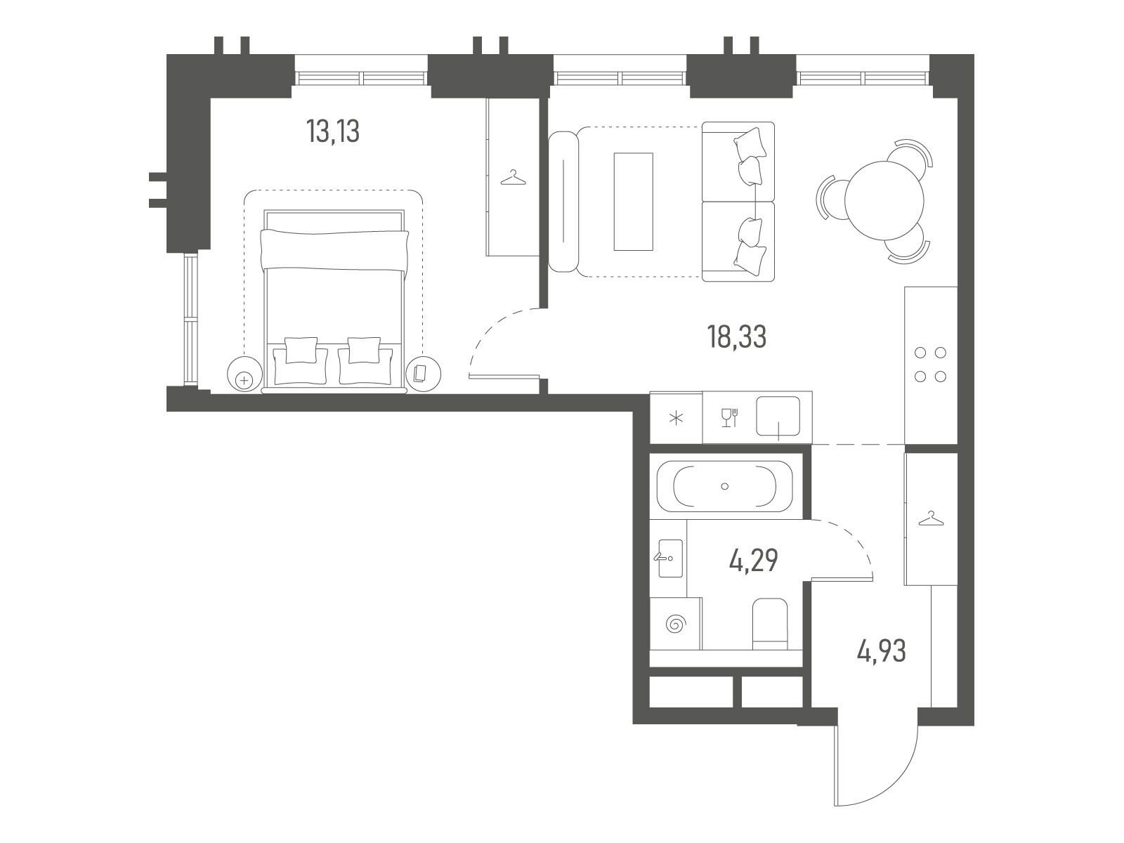 Планировка: 1-комн. квартира 40.68 м² в новостройке Индиво