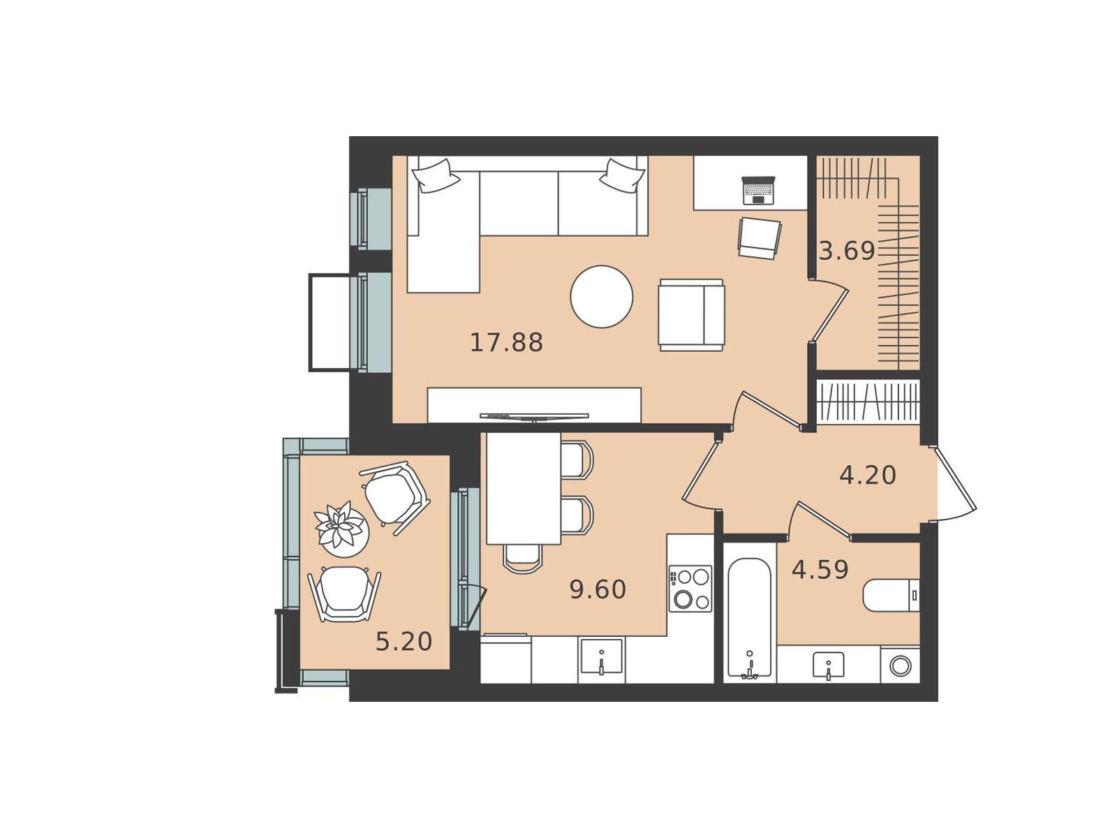 Планировка: 1-комнатная квартира 42.56 м² в новостройке Мишино-2