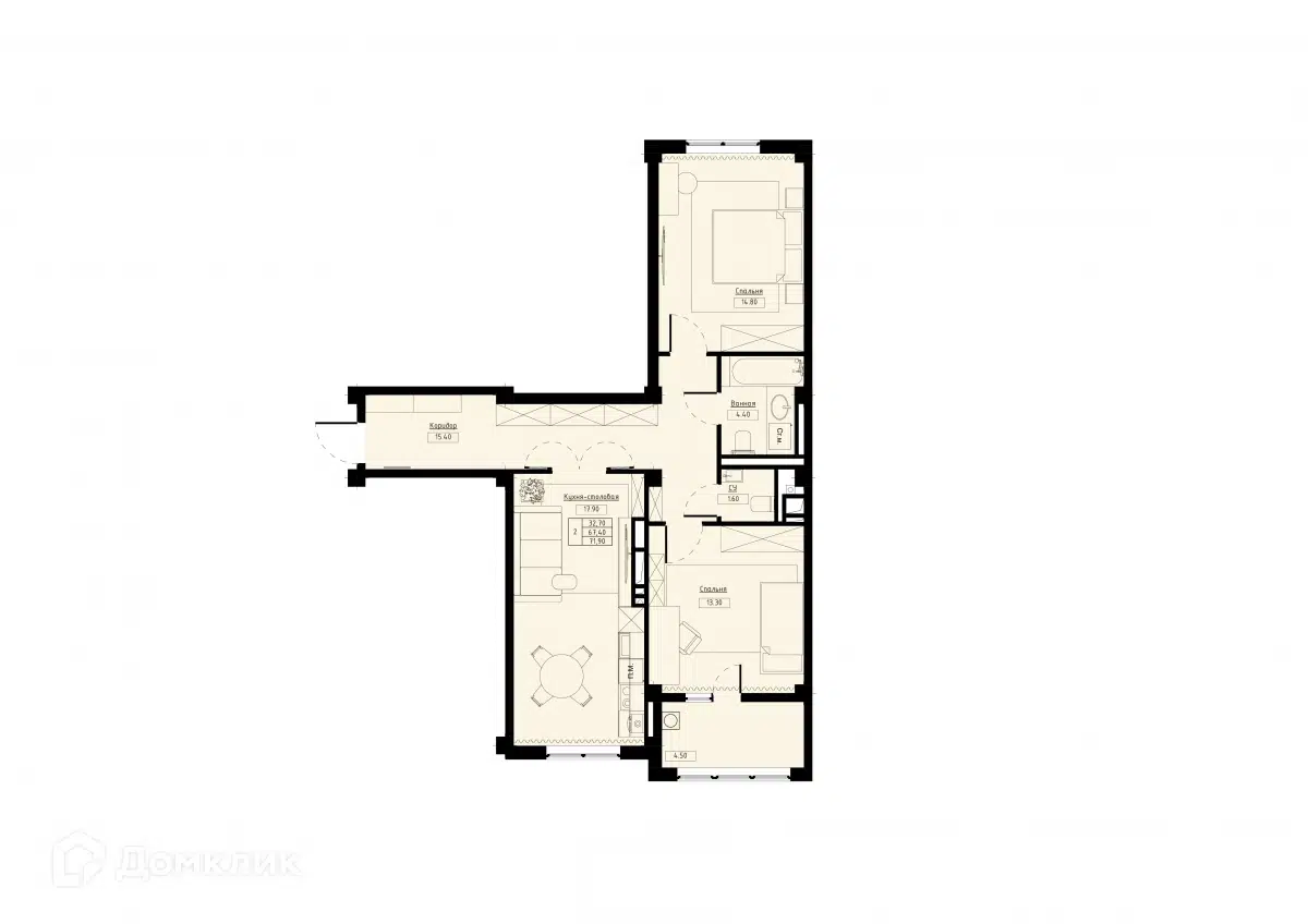 Планировка: 2-комн. квартира 71.90 м² в новостройке Долина Кислорода