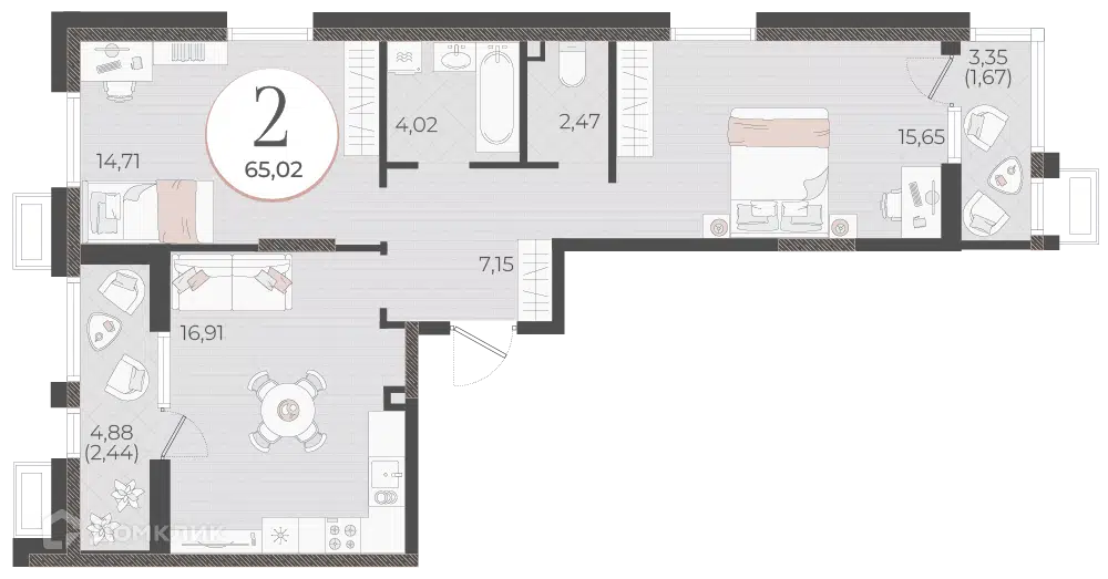 Планировка: 2-комн. квартира 65.02 м² в новостройке Моренуар