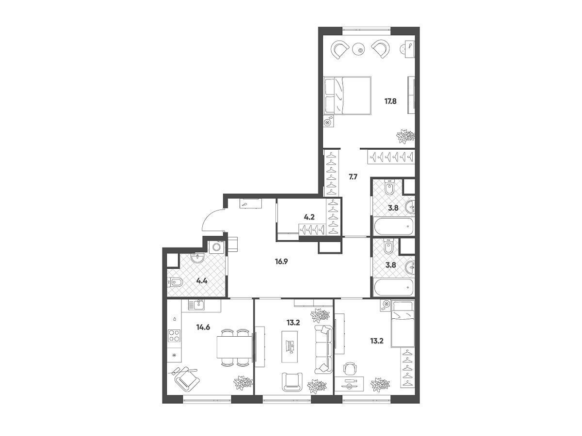 Планировка: 3-комн. квартира 99.40 м² в новостройке Воксхолл