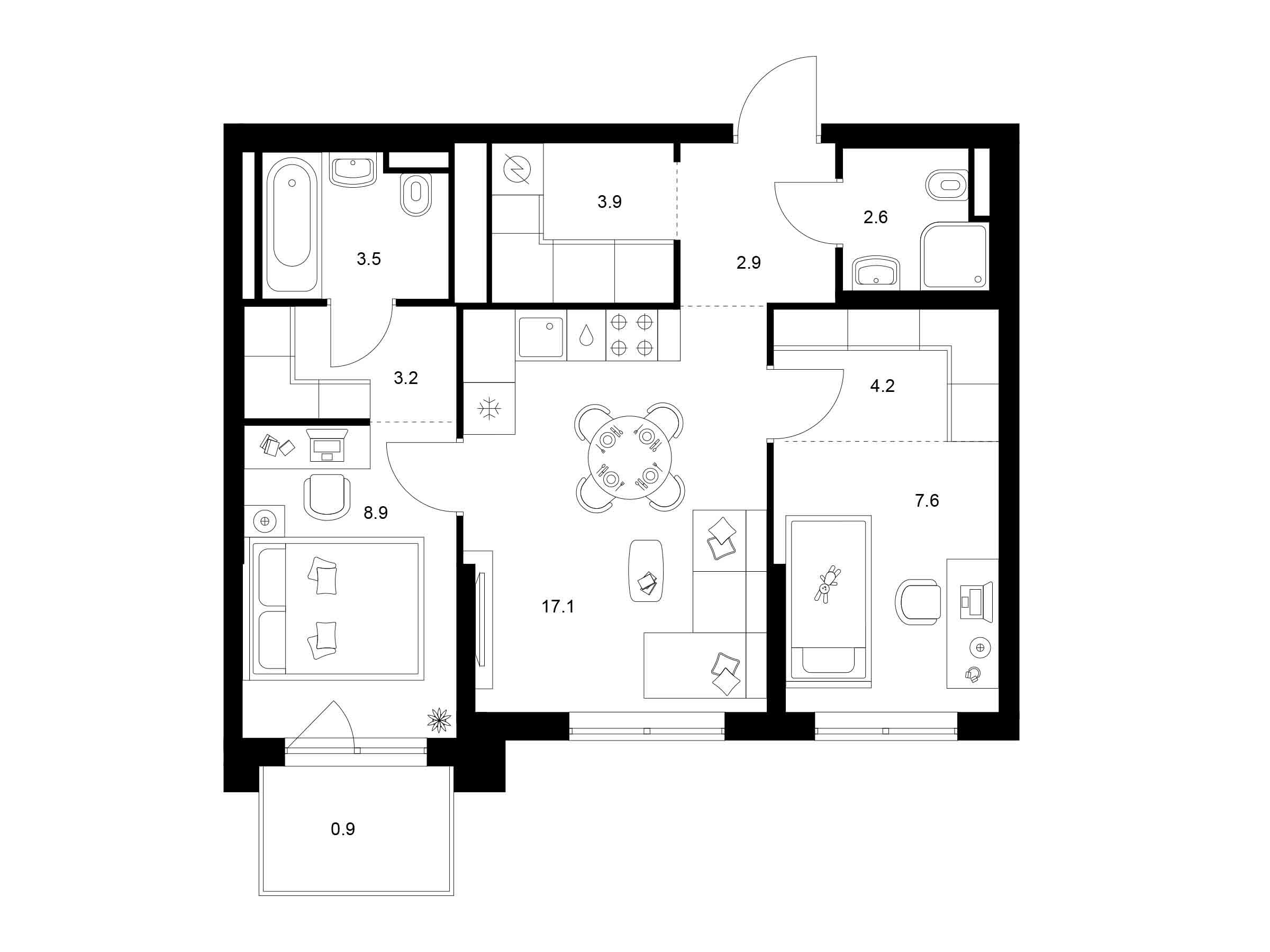 Планировка: 2-комн. квартира 54.80 м² в новостройке Зелёный парк
