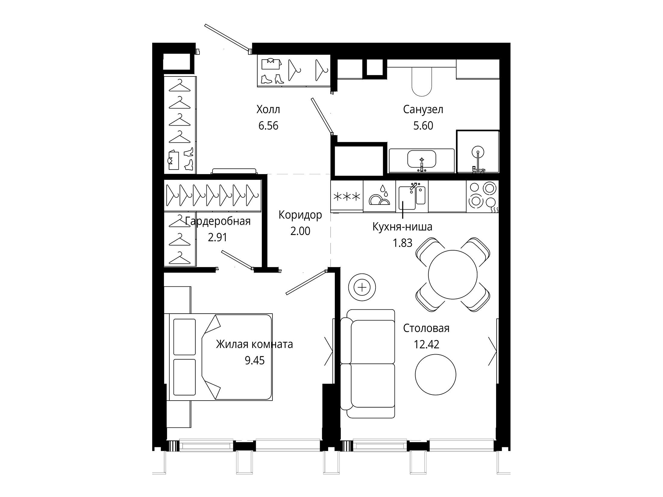 Планировка: 1-комн. квартира 39.90 м² в новостройке ЖК Мод