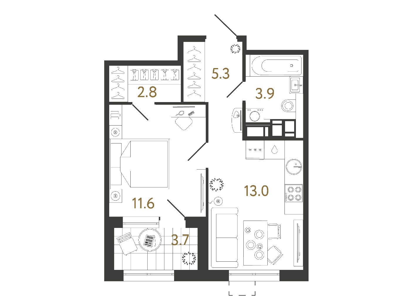 Планировка: 1-комн. квартира 36.60 м² в новостройке Струны