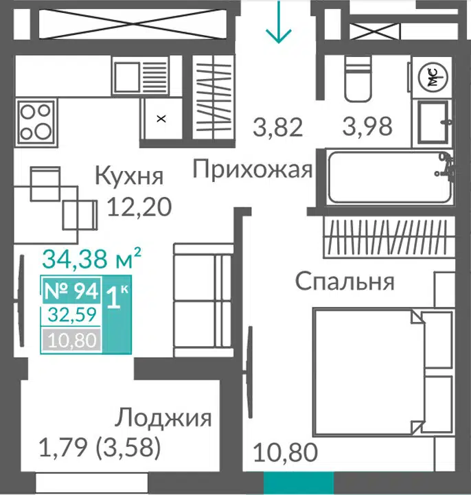 Планировка: 1-комн. квартира 32.59 м² в новостройке ЖК Видный