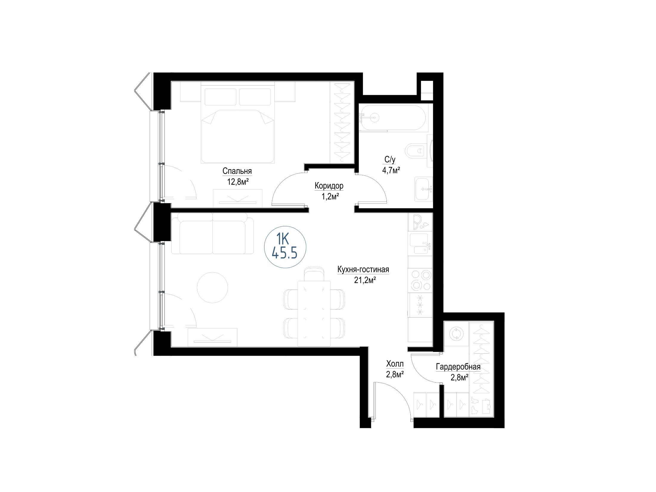 Планировка: 1-комн. квартира 44.90 м² в новостройке Метрополия