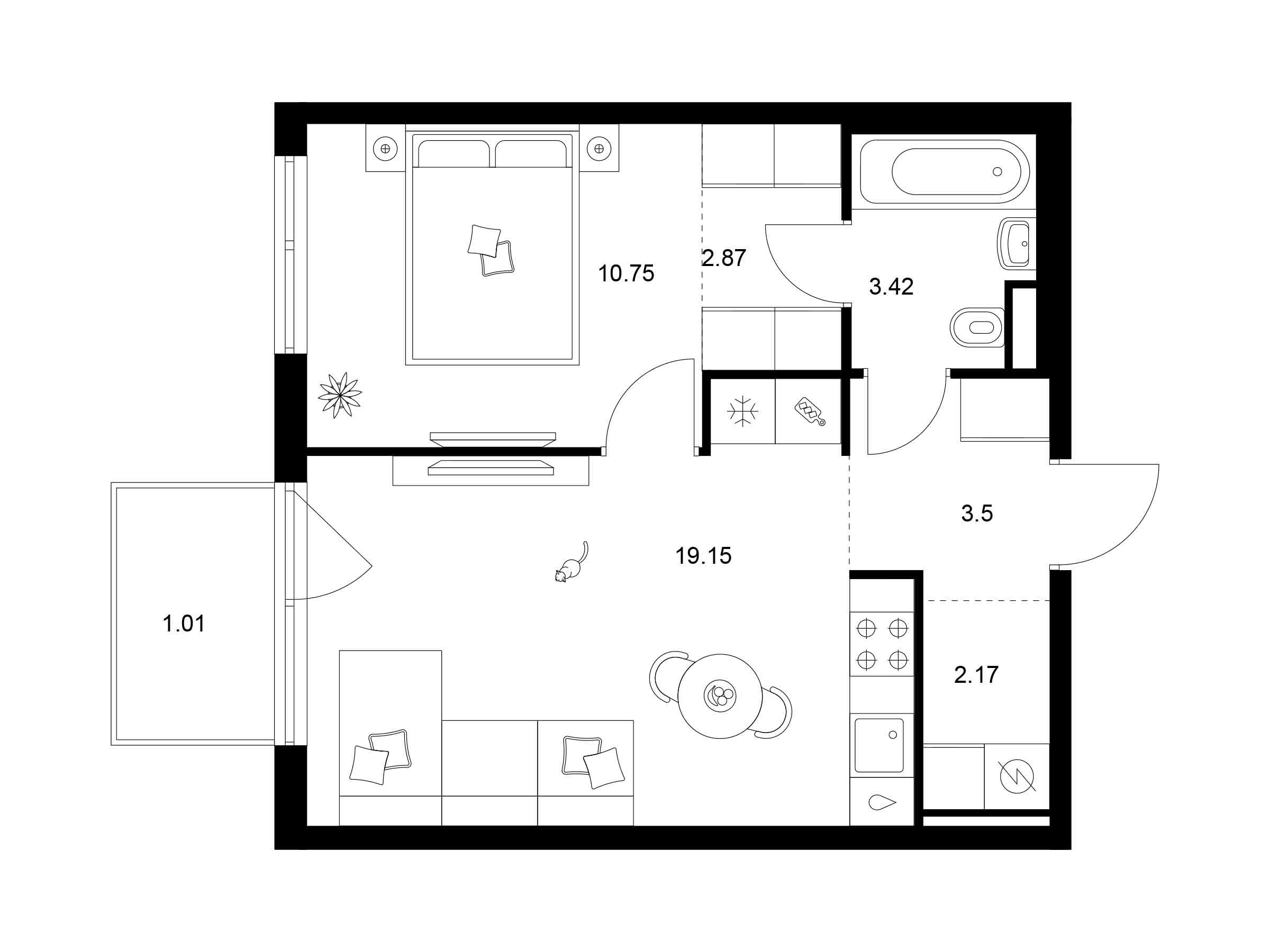 Планировка: 1-комн. квартира 42.87 м² в новостройке Квартал Мит