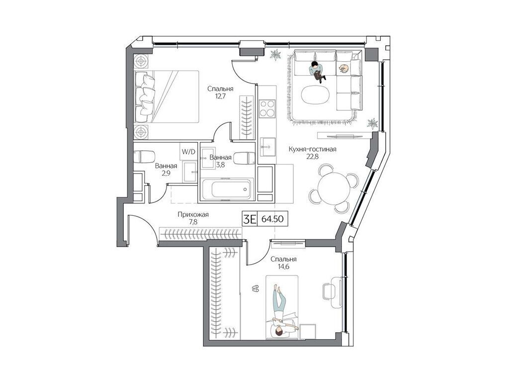 Планировка: 2-комн. квартира 64.00 м² в новостройке Дрим Рива