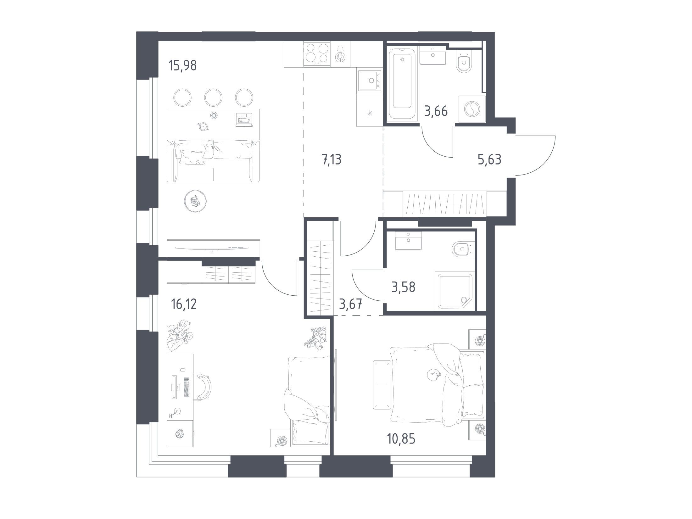Планировка: 2-комн. квартира 66.62 м² в новостройке Заречье Парк