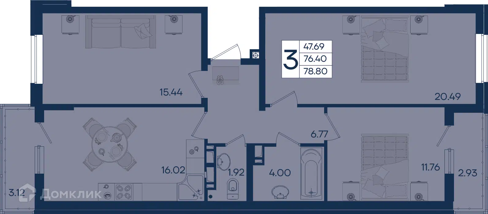Планировка: 3-комн. квартира 78.80 м² в новостройке Дом 101