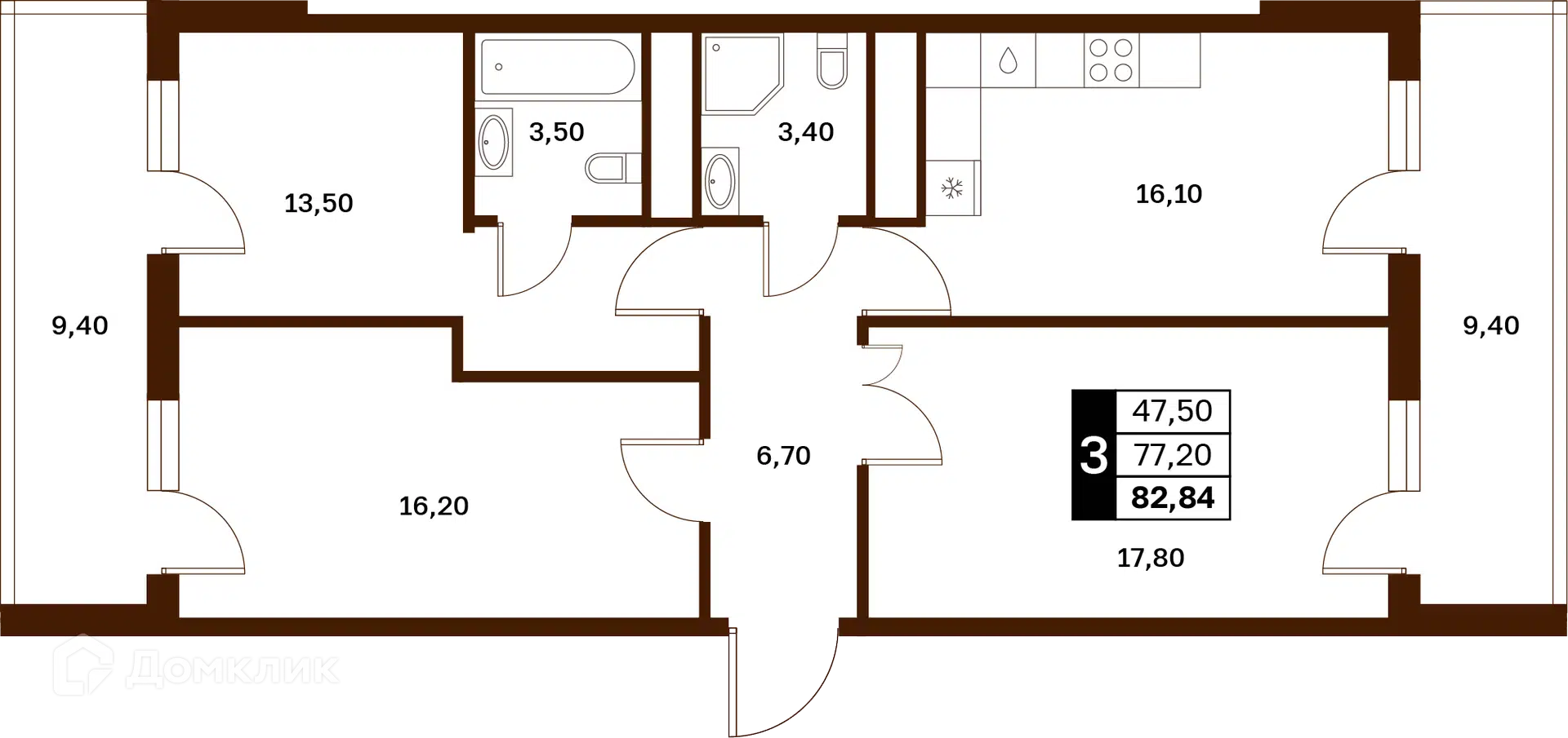 Планировка: 3-комн. квартира 82.84 м² в новостройке Аксис Патриот