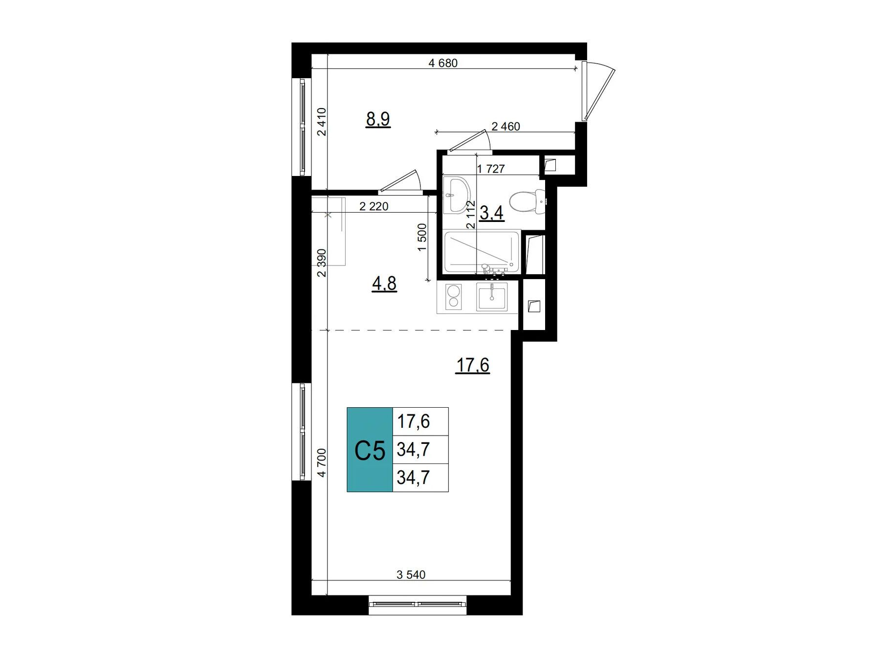 Планировка: Студия 34.70 м² в новостройке Одинцово сити
