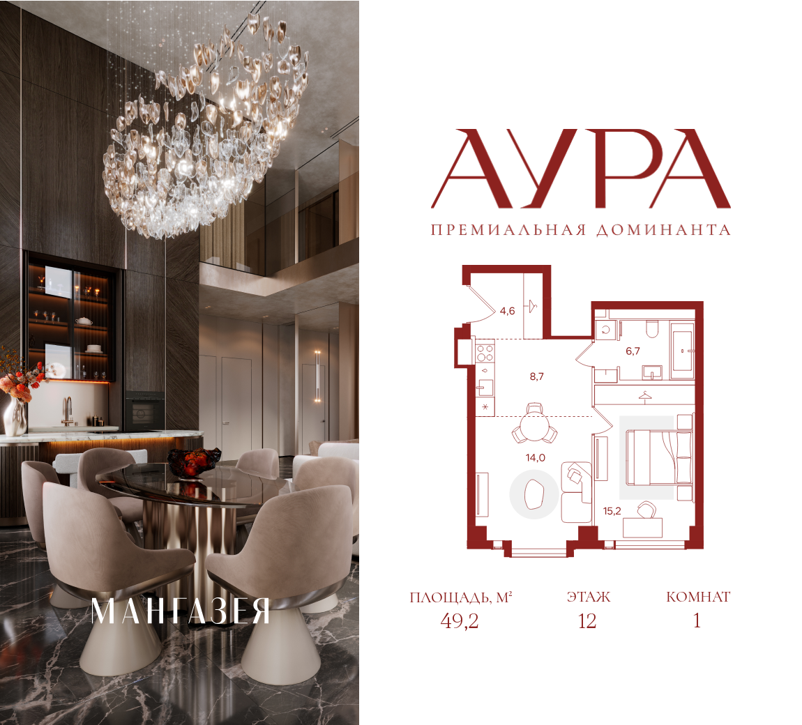Планировка: 1-комн. квартира 49.00 м² в новостройке Аура